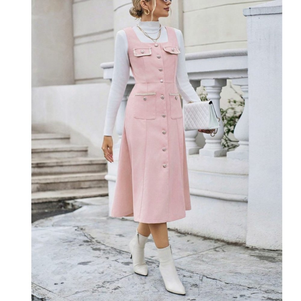 Flap Pocket Button Front Midi Dress Pink - Picture 4 of 6